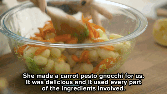 Gif showing a bowl of carrot pesto gnocchi that used up all parts of the vegetable without creating food waste.