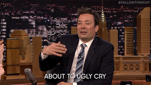 Jimmy Fallon making a crying face. He says, 'About to ugly cry.'