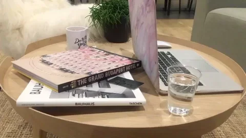Coffee table, desk, workspace, laptop, coffee cup, cleaning gif