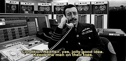 A scene from Dr. Strangelove. A military general discusses a potential nuclear escalation over the phone.
