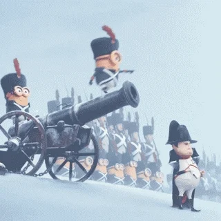 Minions fighting in a snowy landscape as part of Napoleon's army. They fail to fire a cannon.