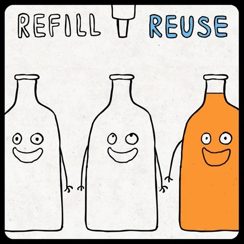Bottles excited to be getting refilled with the caption 'refill, reuse'.