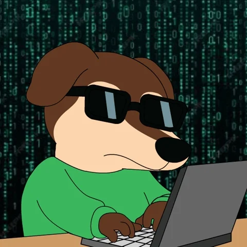 A cartoon dog typing on a laptop. Lines of code hover in the bakcground.