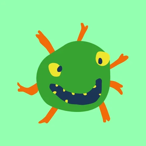 Smiling green colored viruses dividing repeatedly.