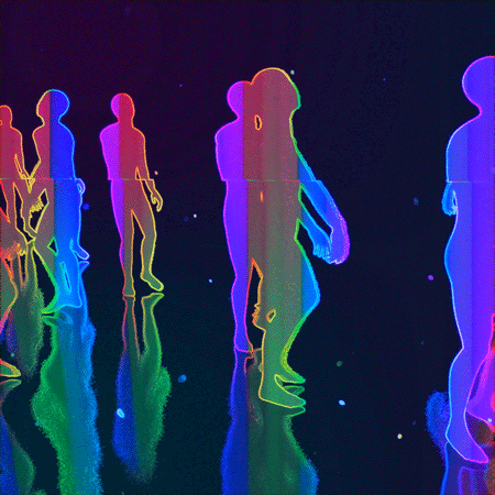 A graphic showing multi-colored silhouettes of people walking on a black background