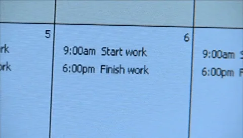 Calendar showing the daily 9-6pm schedule. Each day has the same entry: 9am start work, 6pm finish work, with nothing else.