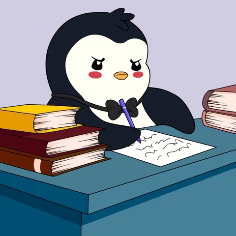 A penguin is writing a paper surrounded by stacks of books. An orange penguin appears holding a sign that says 