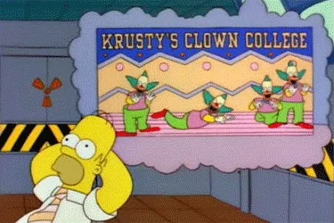 Homes Simpson imagines attending Krusty's Clown College.