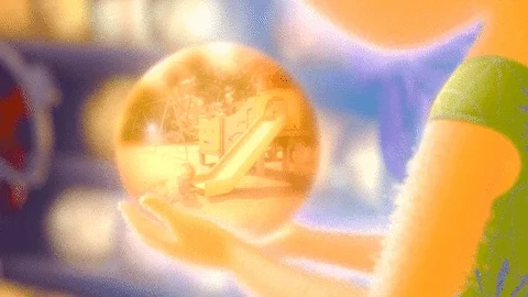 Disney's Joy from the movie 'Inside Out' repeatedly replays a core memory from an orb showing the past. 