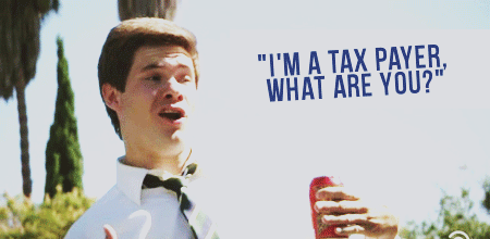 A young man drinking soda and questioning. Overlay text reads: "I'm a taxpayer, what are you?"