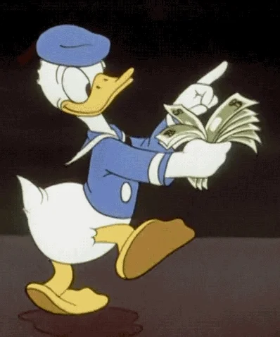 Donald Duck walking and counting money.