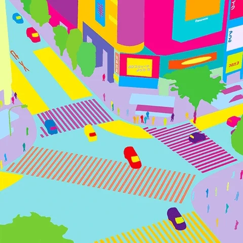 An animation depicting an intersection in a modern city.