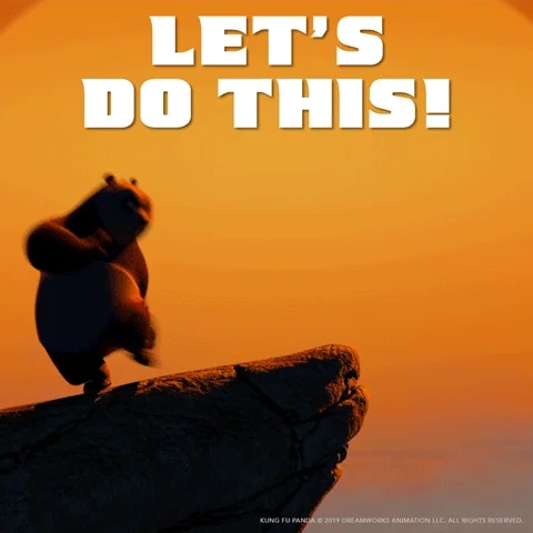Po from Kung Fu Panda doing a karate kick on a cliff and yelling 