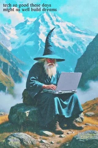 A wizard sits on a mountaintop with a laptop. The text reads: "Tech so good these days, might as well build dreams."