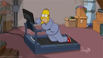 Homer Simpson character barely exercising on a treadmill