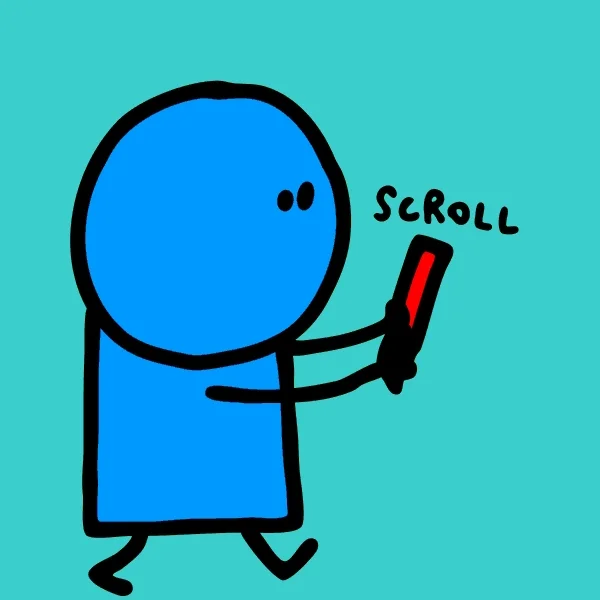 A blue character scrolling on a phone.