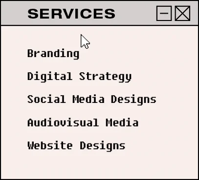 A dialog box that reads: branding, digital strategy, social media designs, audiovisual media, website designs