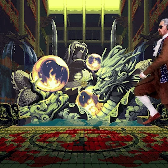 A man dances in front of a video game screen. The text reads: