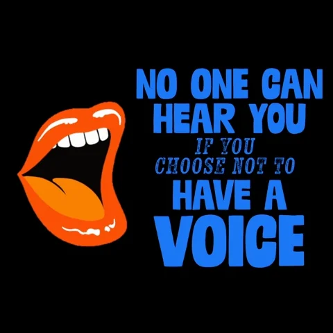 An open mouth that is shouting in blue and white text, 