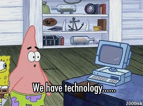 micro vs mini USB: Patrick Star and Spongebob Squarepants in front of a computer. Patrick says, 'We have the technology.'
