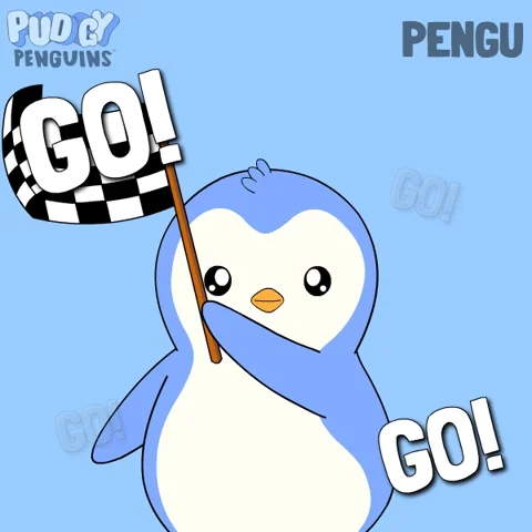 A cartoon penguin waves a checkered flag. The text reads: "Go! Go! Go! Go!"