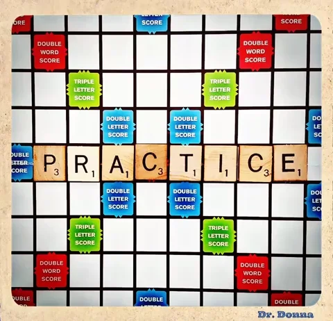 A scrabble board with the word 'practice'.