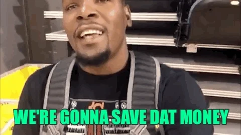 Kevin Durant shouting enthusiastically, 'We're gonna save dat money!'