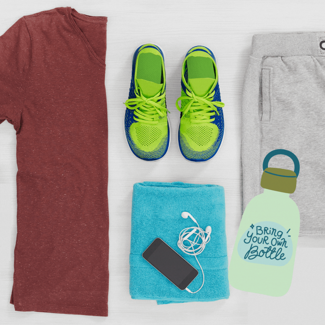 T-shirt, sneakers, towel, shorts, Smartphone and headphones, water bottle.