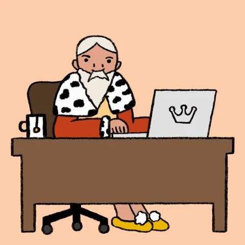 A man sitting at a desk with the slogan "content is king" written on the desk and the man receiving a crown