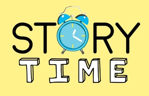 An old fashioned alarm clock rings. The text reads: "Story Time"