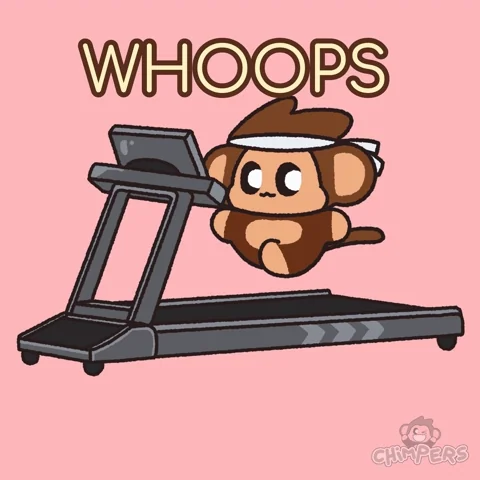 Animated illustration of a monkey running on a treadmill, slipping off the back, while the word “Whoops” bounces above it.