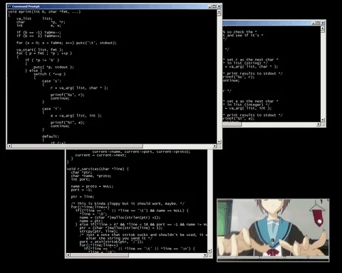 An anime character is typing quickly and windows with data are opening on top of one another .