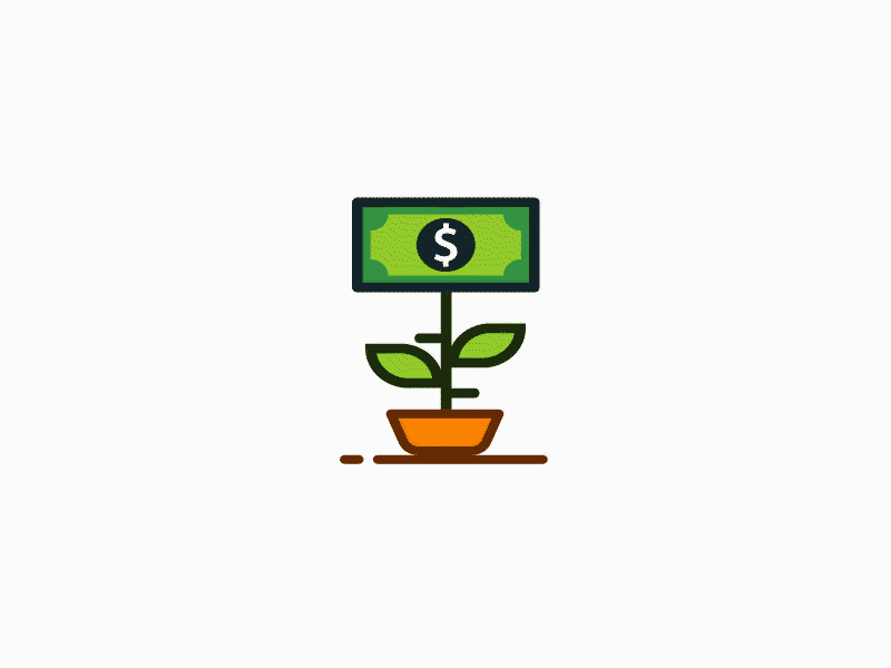 An animation of dollar bill growing from a plant in a flowering pot.