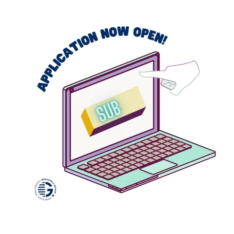 GIF of a laptop with a finger pointing to Now Submit. Text says Application Now Open.