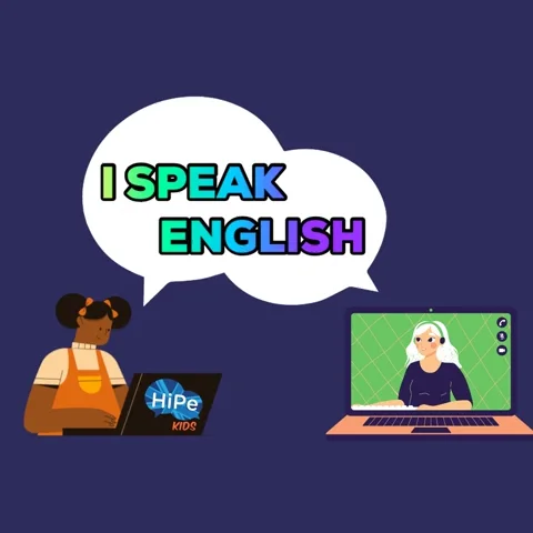 An animation of two students communicating over their laptops during an online English class.