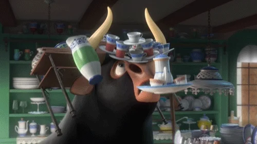 A cartoon character juggling dishes on its head, antlers, and in its mouth.