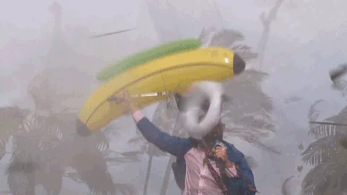 A meteorologist on a tropical island trying to speak into microphone during a hurricane. He is holding a banana blowup float.