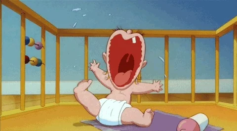 A cartoon baby crying heavily in a crib.