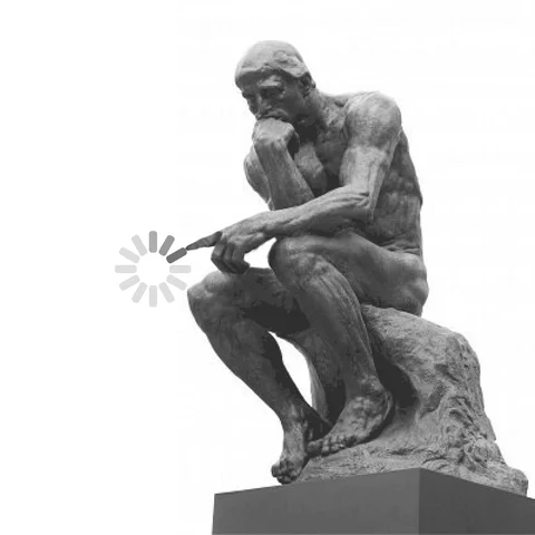 Rodin's The Thinker sculpture points its finger. A status wheel turns as he thinks.