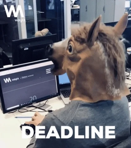 An office worker in a horse mask types on the keyboard before facing the fourth wall. Text reads: 