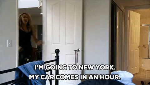Woman saying 'I'm going to New York. My car comes in an hour.'