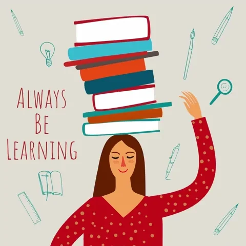 A woman in a red shirt is balancing a stack of books on her head. Text reads: 'Always be learning.'