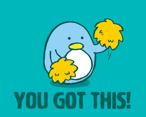 An animated penguin cheerleader waving pompons while saying, 