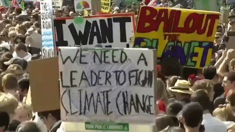 A climate protest. Signs read, 'The seas are rising,' 'Bailout the planet,' and 'We need a leader to fight climate change.'