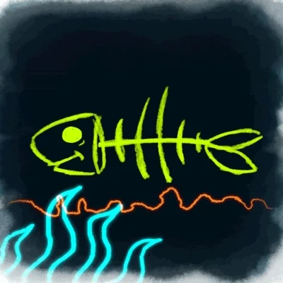 Childlike marker drawing of a yello neon fish with just a head, tail and skeleton swimming through the sea.