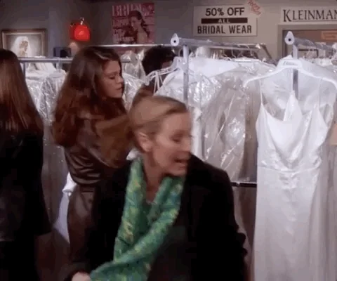 Phoebe from the TV show, Friends, frantically running back and forth with the caption 