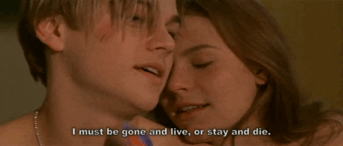 A scene from the 1996 movie Romeo and Juliet. Romeo tells Juliet, 