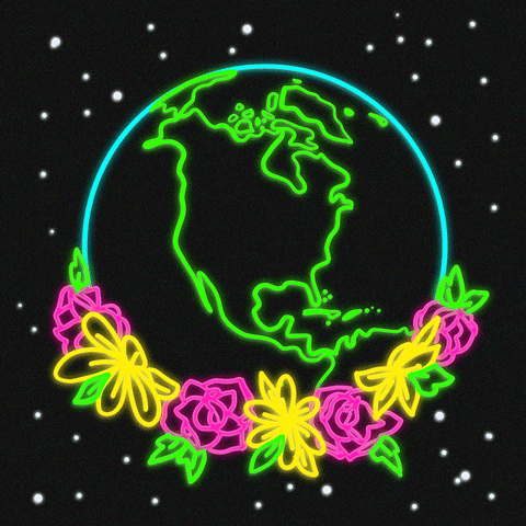 An animated globe surrounded by glowing flowers