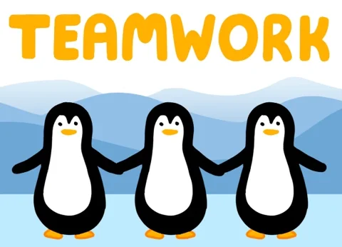 Three cartoon penguins holding hands. The text reads, 'Teamwork'.