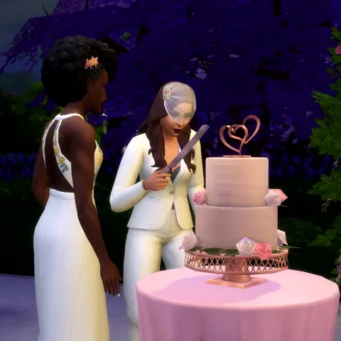 Two bride Sims (from the video game) cutting their cake together.